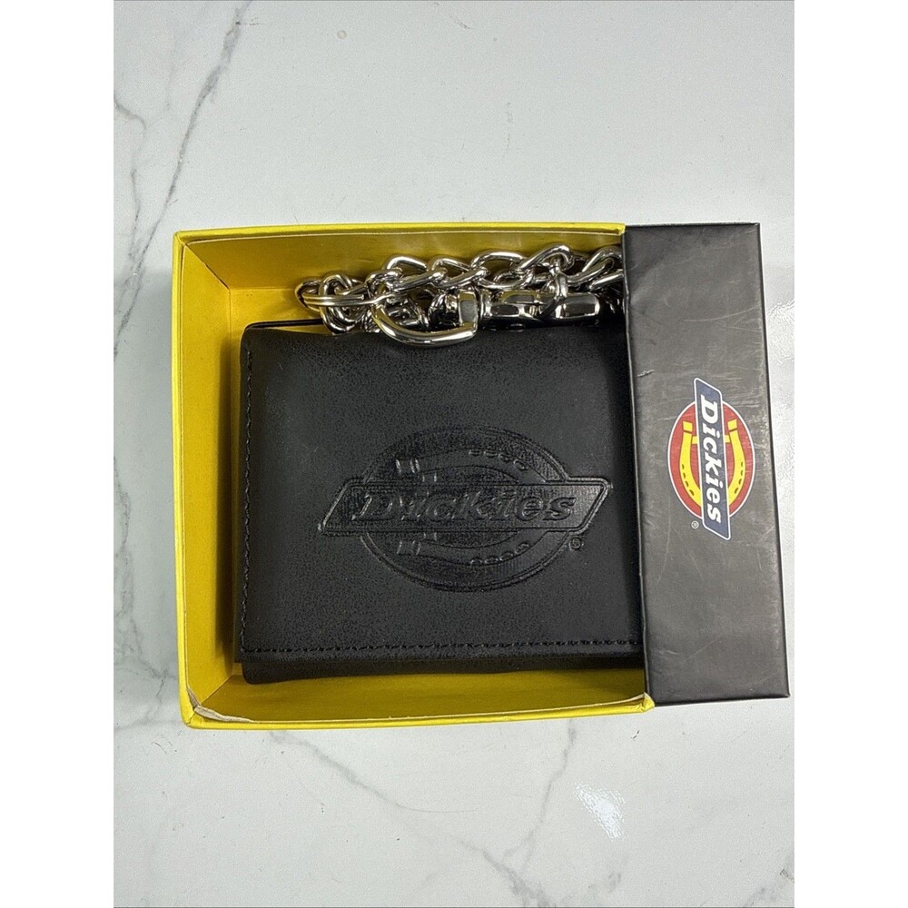 Dickies Men's Leather Trifold Chain Wallet Genuine Black Leather Biker Gift Box